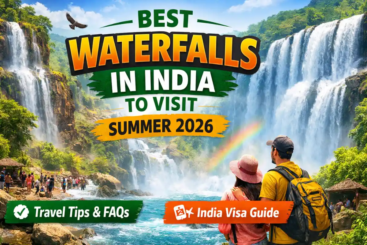 Tourists enjoying a cool waterfall in India surrounded by green hills — best waterfalls in India to visit this summer