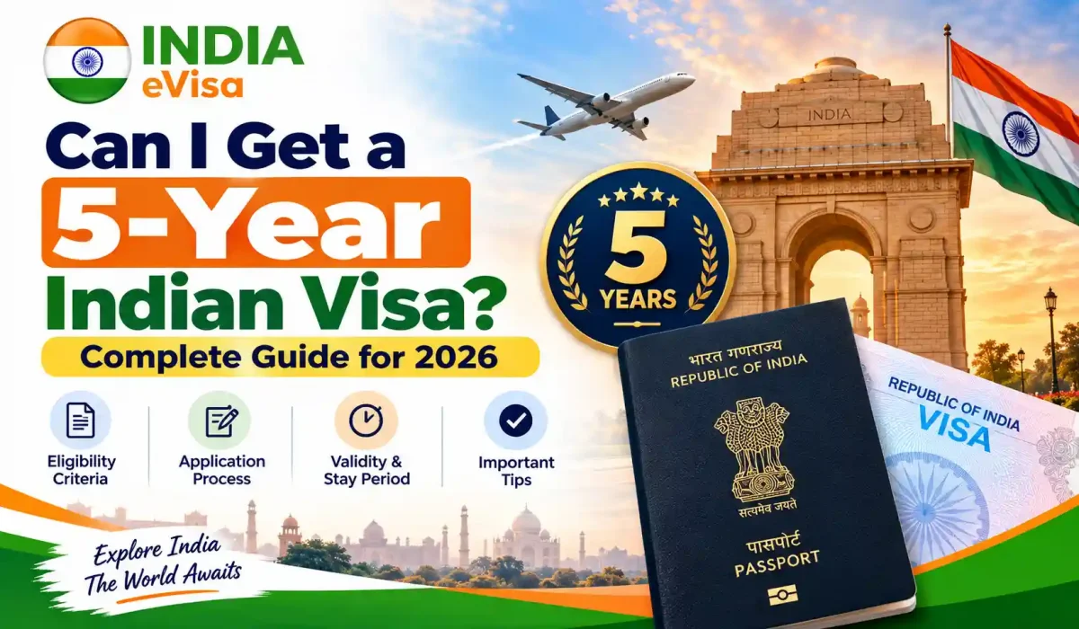 Traveler holding passport with approved 5-year Indian visa