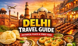 Delhi Travel Guide featuring Red Fort, Qutub Minar, and famous street food in Delhi.