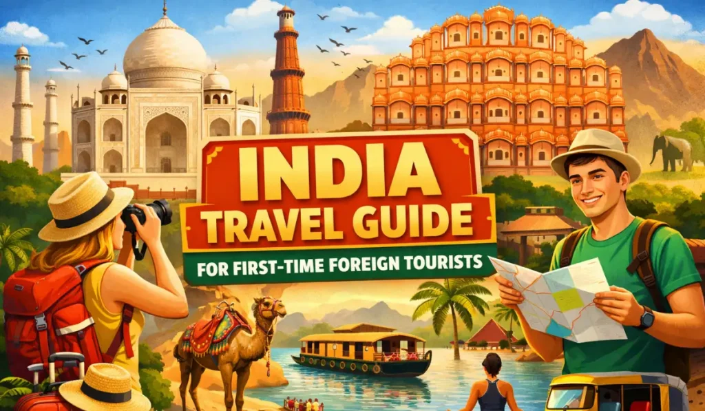 Foreign tourists exploring famous landmarks in India travel guide concept