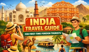 Foreign tourists exploring famous landmarks in India travel guide concept