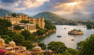 Beautiful Rajasthan palace view during off season monsoon with greenery and lake view