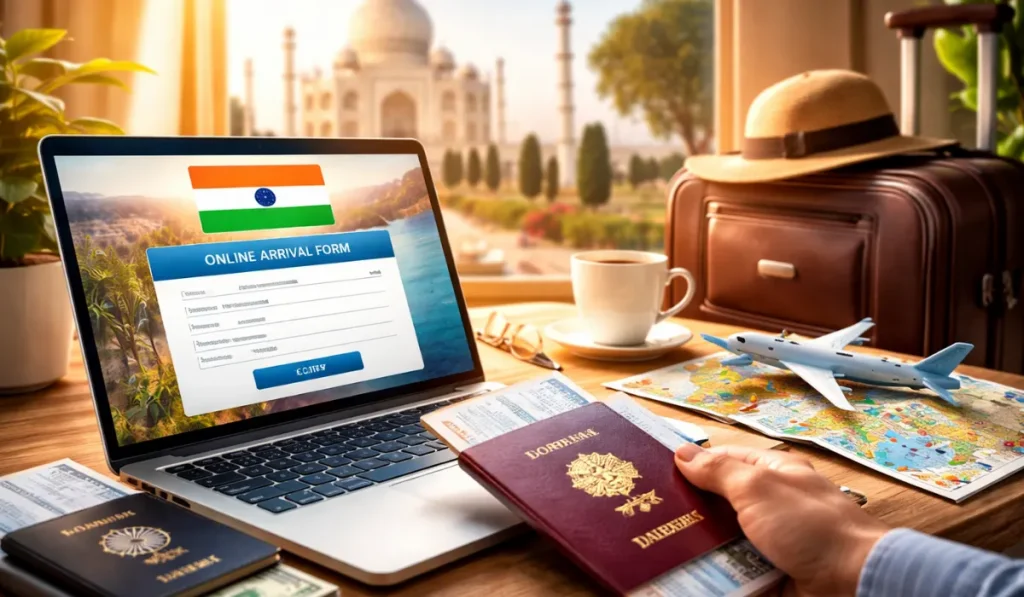 Traveler filling e-Arrival Card for India online before airport arrival