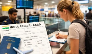 Traveler filling India Arrival Card form at airport immigration desk