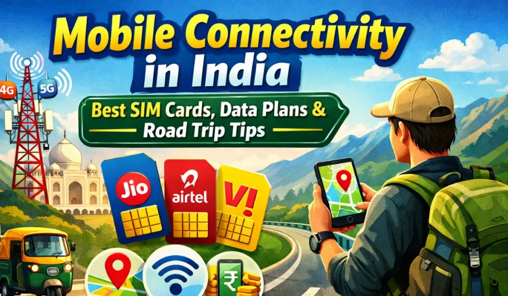 Traveler using smartphone with map for mobile connectivity in India during road trip