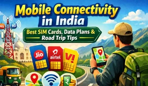 Traveler using smartphone with map for mobile connectivity in India during road trip