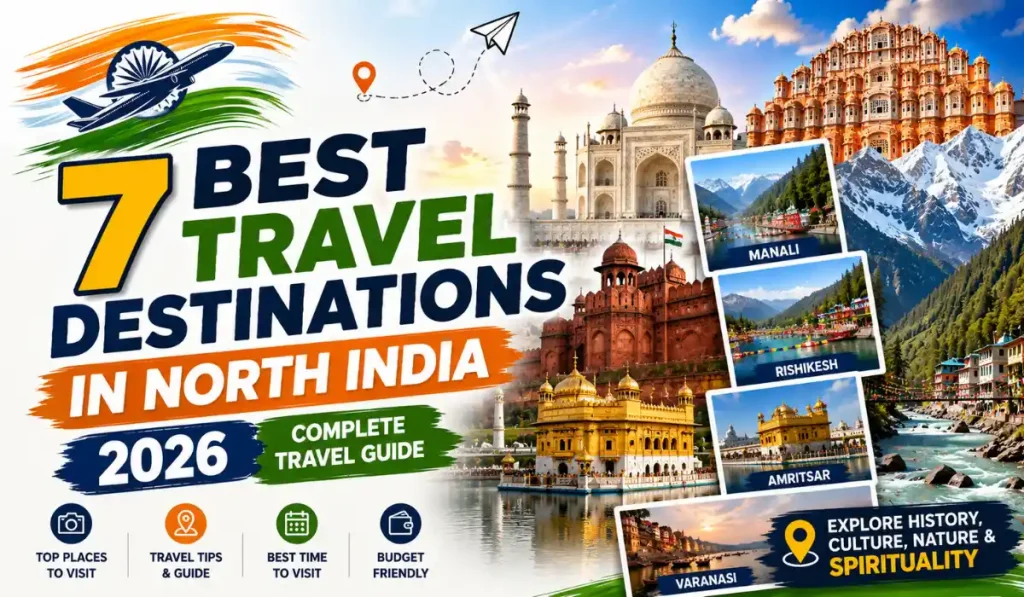 Best Travel Destinations in North India 2026 featuring Delhi, Agra, Jaipur, Manali, Rishikesh, Amritsar and Varanasi
