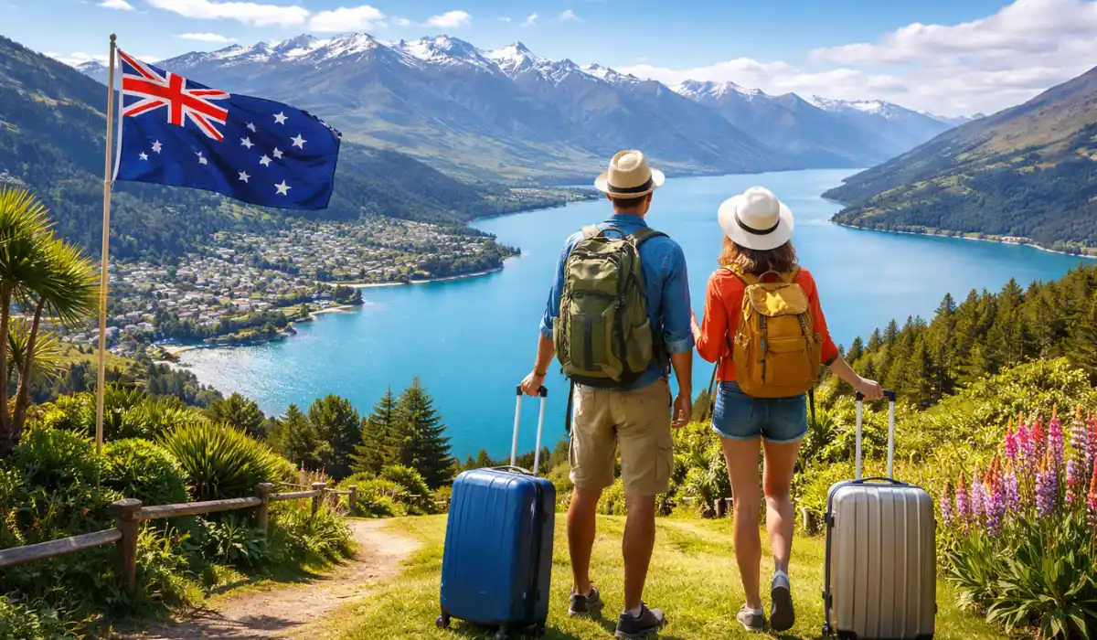American couple planning relocation to New Zealand with luggage and travel documents