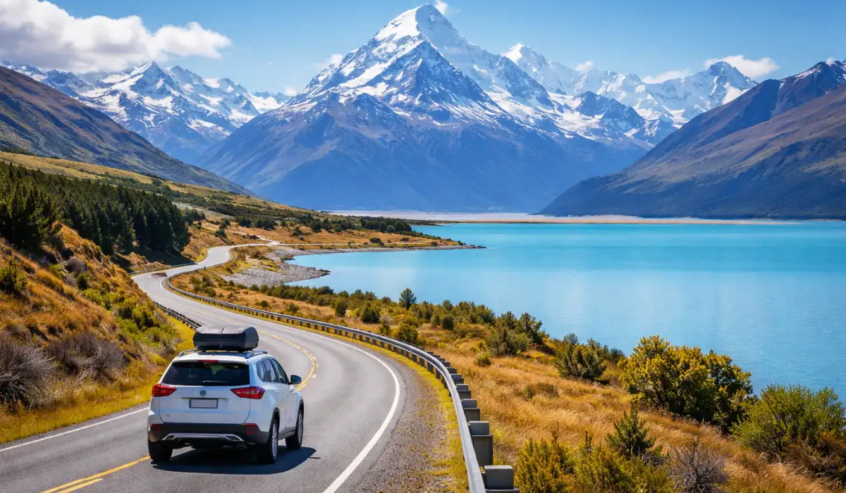 Beautiful mountain road view during self-drive in New Zealand with lake and clear sky