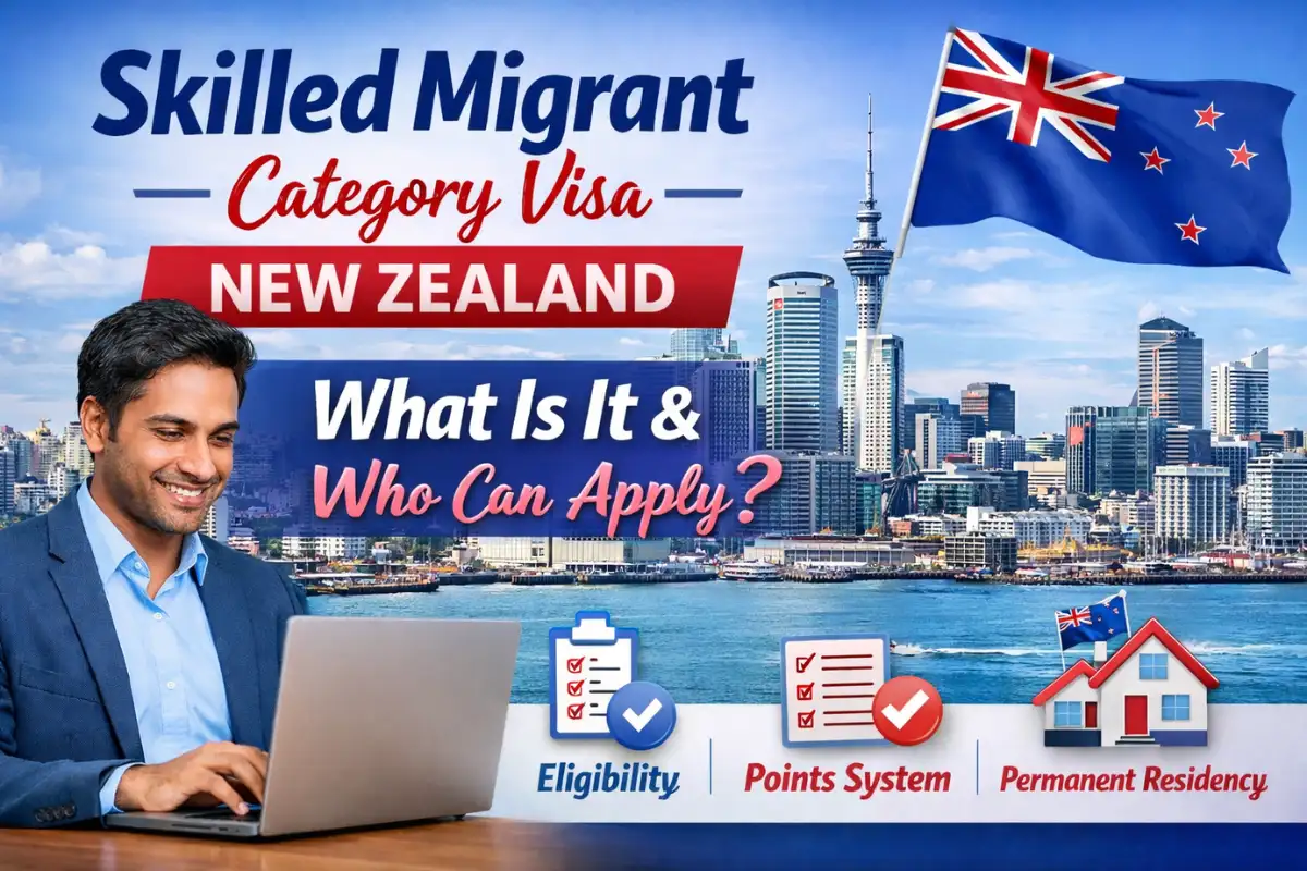 Professional worker looking at a laptop with New Zealand landscape, symbolizing the Skilled Migrant Category Visa New Zealand application process