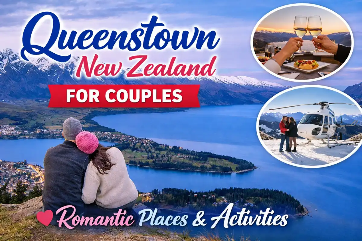 Romantic couple enjoying lake and mountain views in Queenstown New Zealand